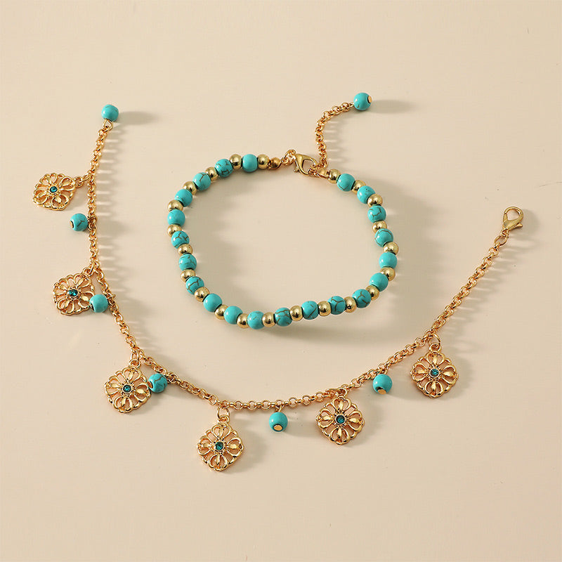 Turquoise Flower Protection Bracelet and Anklet Set