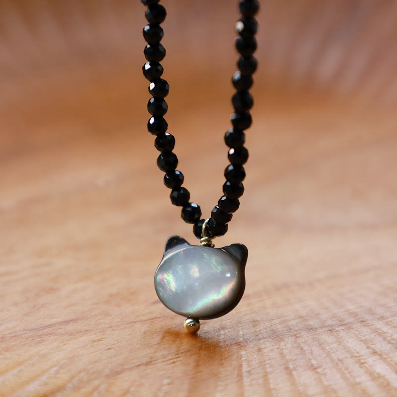 Schwarze Spinell-Halskette mit Katzenmotiv, 38 cm