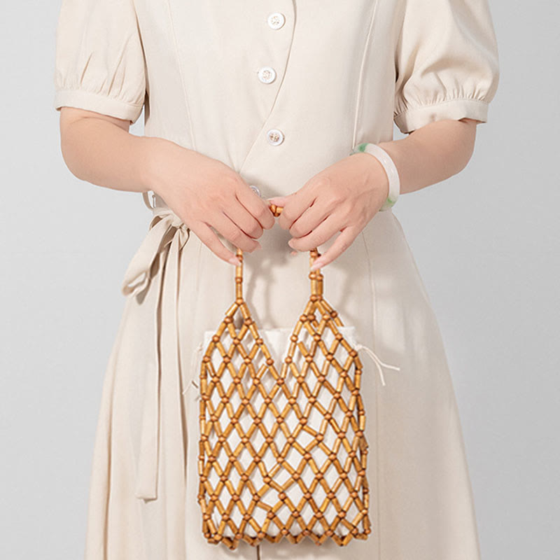 Handgewebte Netztasche mit hohlen Holzperlen | Spiritueller Schmuck