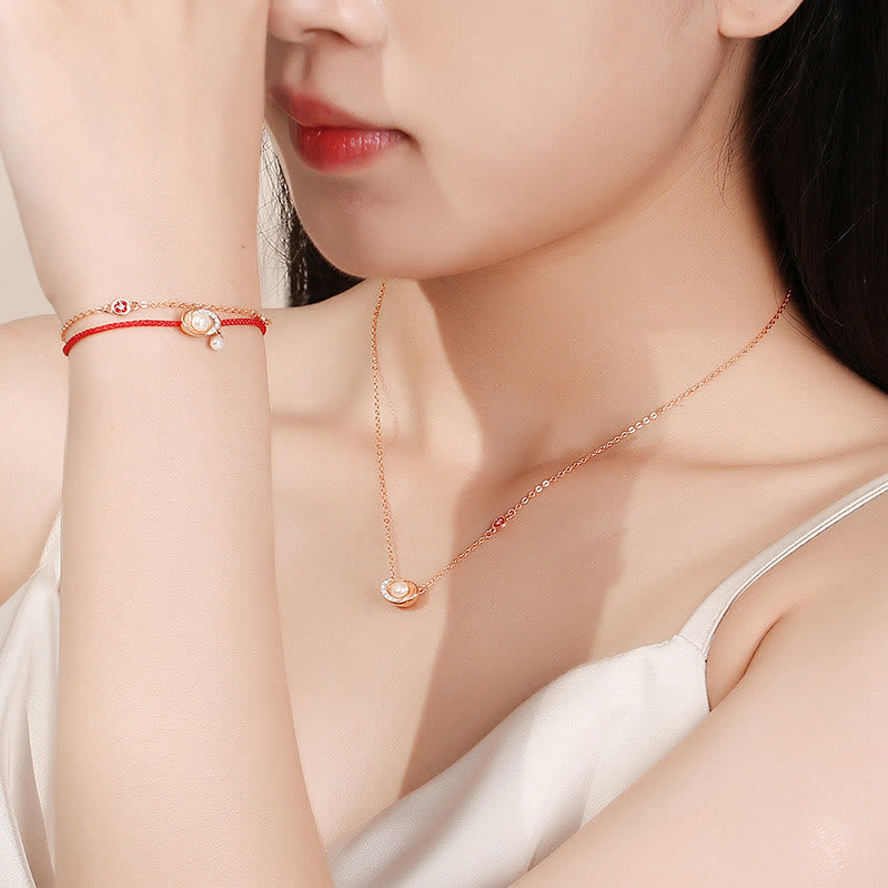Sterling Silver Pearl Copper Coins Necklace & Red Rope Bracelet Set