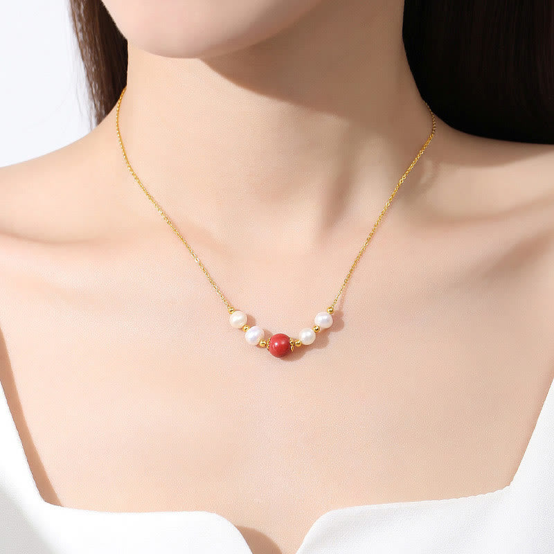 Halskette mit Heilperlen aus 925er Sterlingsilber und Zinnober