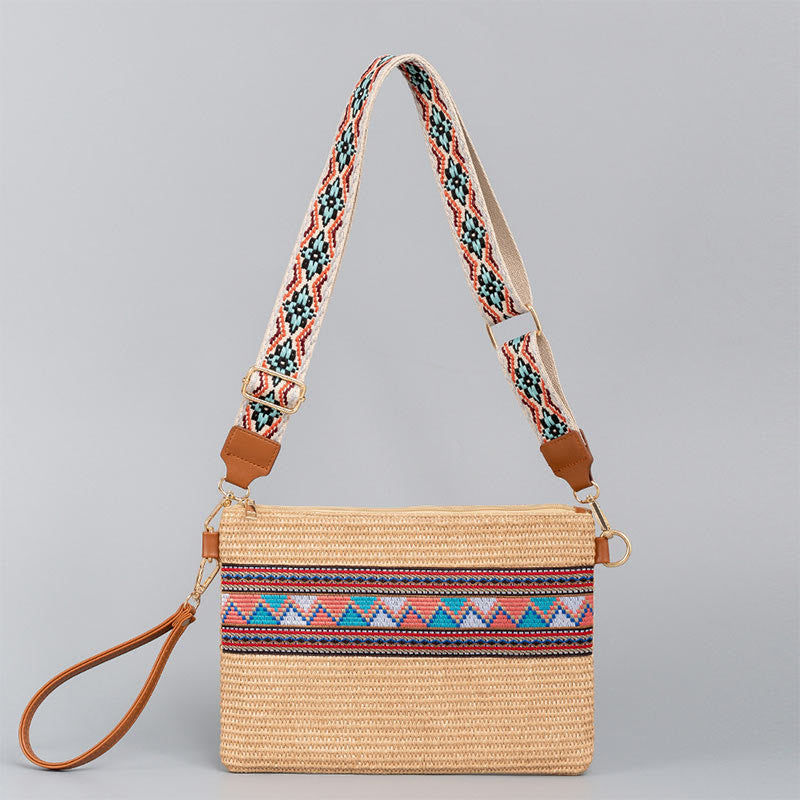 Bunte geometrische Boho-Umhängetasche aus gewebtem Stroh, 28 cm