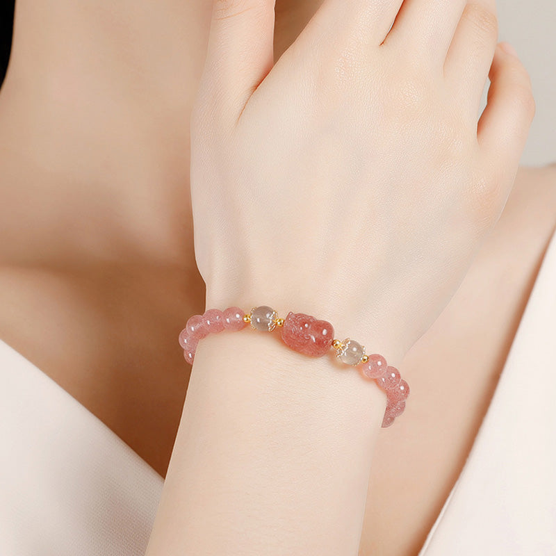 6 mm Pixiu-Heilarmband mit Aquamarin, Erdbeerquarz und Amethyst