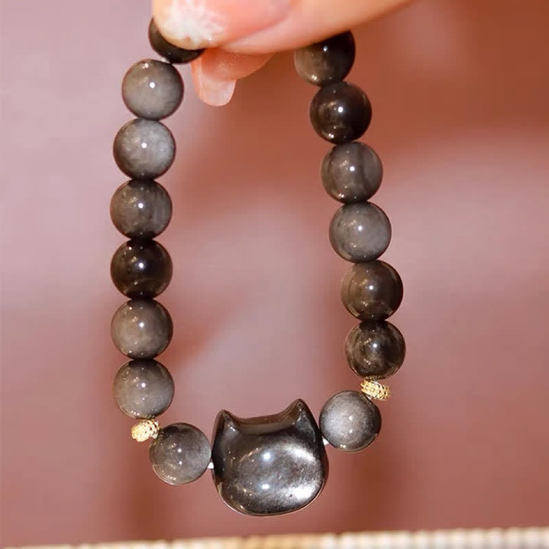 Gold Sheen Obsidian Lucky Cat Protection Bracelet 8mm