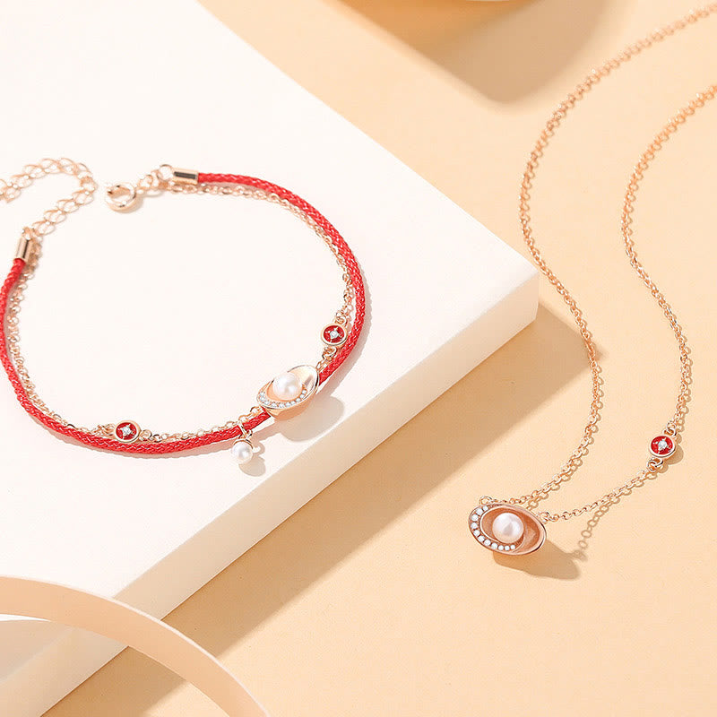 Sterling Silver Pearl Copper Coins Necklace & Red Rope Bracelet Set