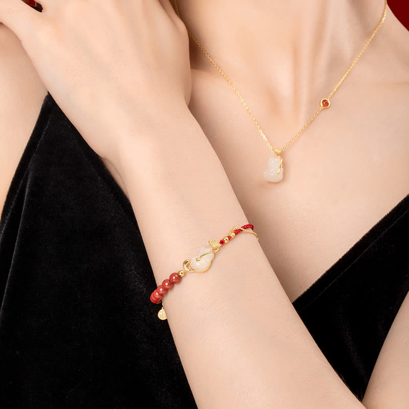 Hetian Jade Ruyi Cat Luck Bracelet and Necklace Set