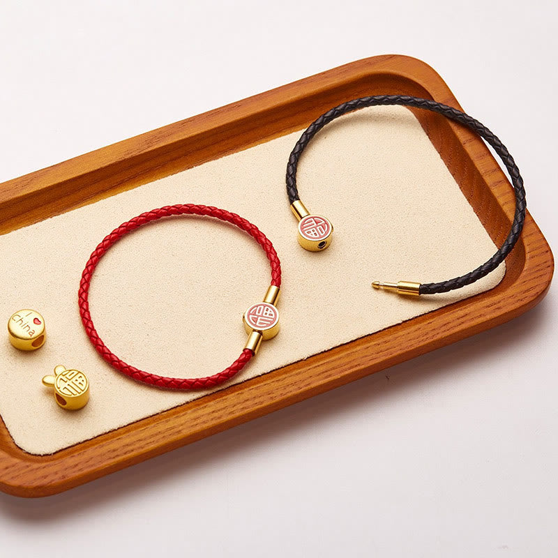 Fu Character Leather Buckle Bracelet for Good Fortune & Blessing