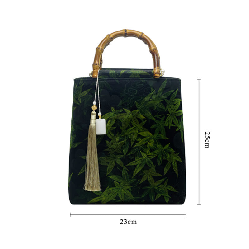 Handtasche mit Bambusblättern, Schmetterlings-Koi-Fisch und Jadegriffen