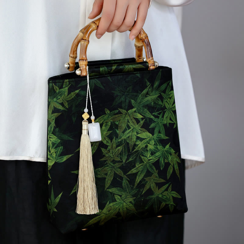 Handtasche mit Bambusblättern, Schmetterlings-Koi-Fisch und Jadegriffen