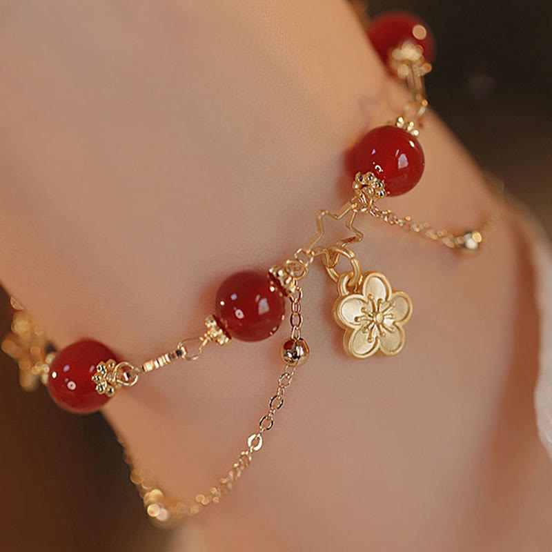 8 mm rotes Achat-Calm-Armband mit Sternblumen-Anhänger