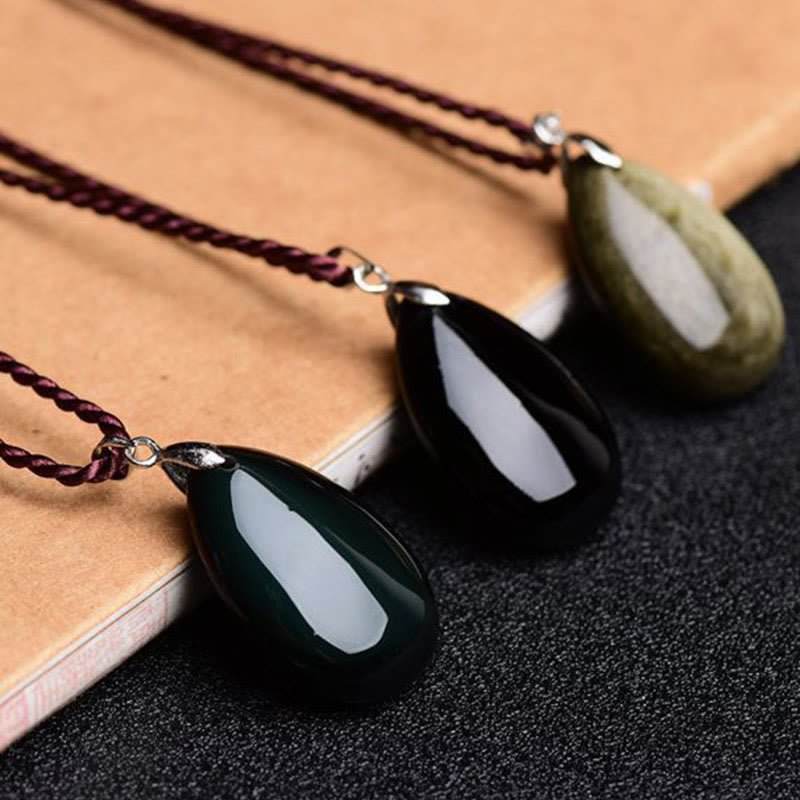 Water Drop Obsidian Necklace Pendant | Gold Sheen & Rainbow Black