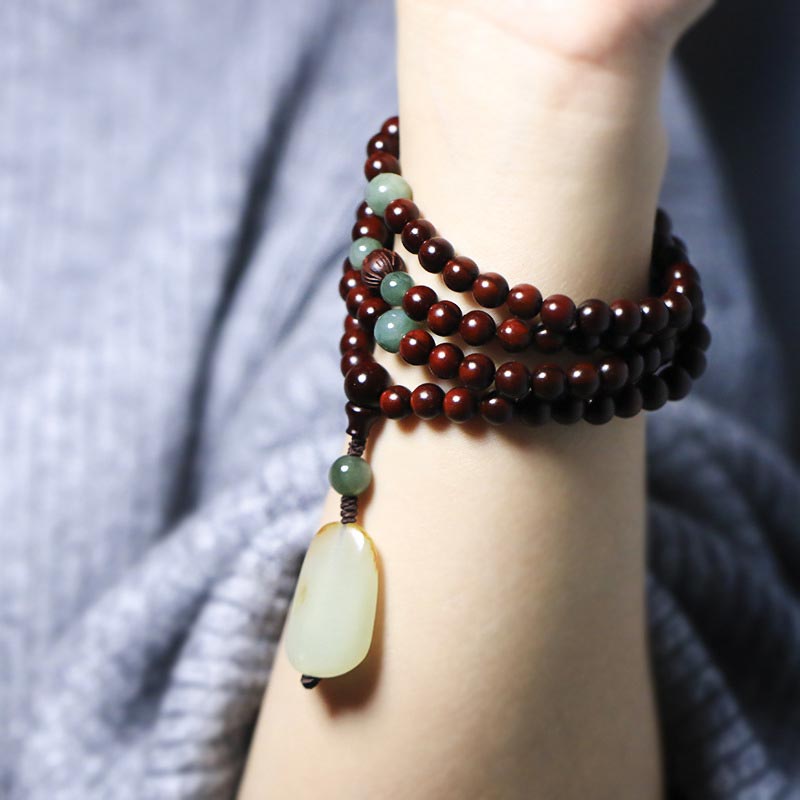 6 mm kleines Blatt-Mala-Armband aus rotem Sandelholz und Jadeholz für Meditation