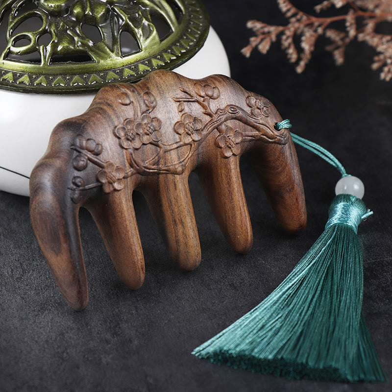 Green Sandalwood Tassel Comb with Lotus & Koi Fish Symbols