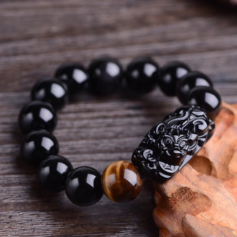 Natürliches schwarzes Obsidian-PiXiu-Armband 14 mm für Stärke