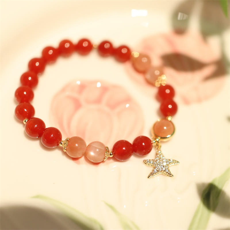 8mm Moonstone Wealth Bracelet with Sun Stone & Red Agate