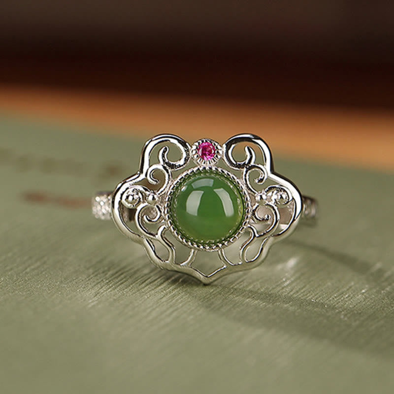 Sterling Silver Hetian Cyan Jade Luck Ring & Earrings Set