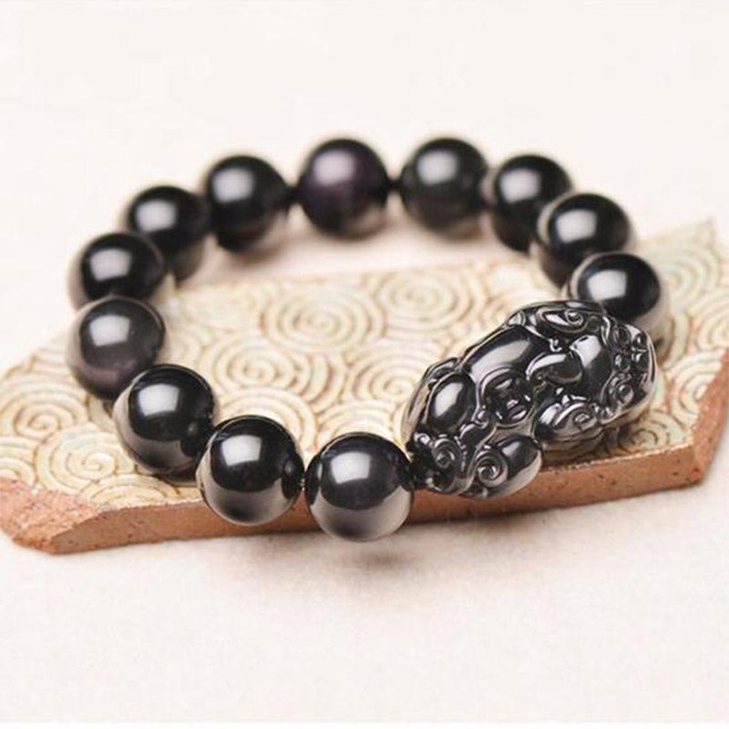 Unisex-Armband mit Obsidian-Pixiu-Reichtum, 10 mm, für Feng Shui
