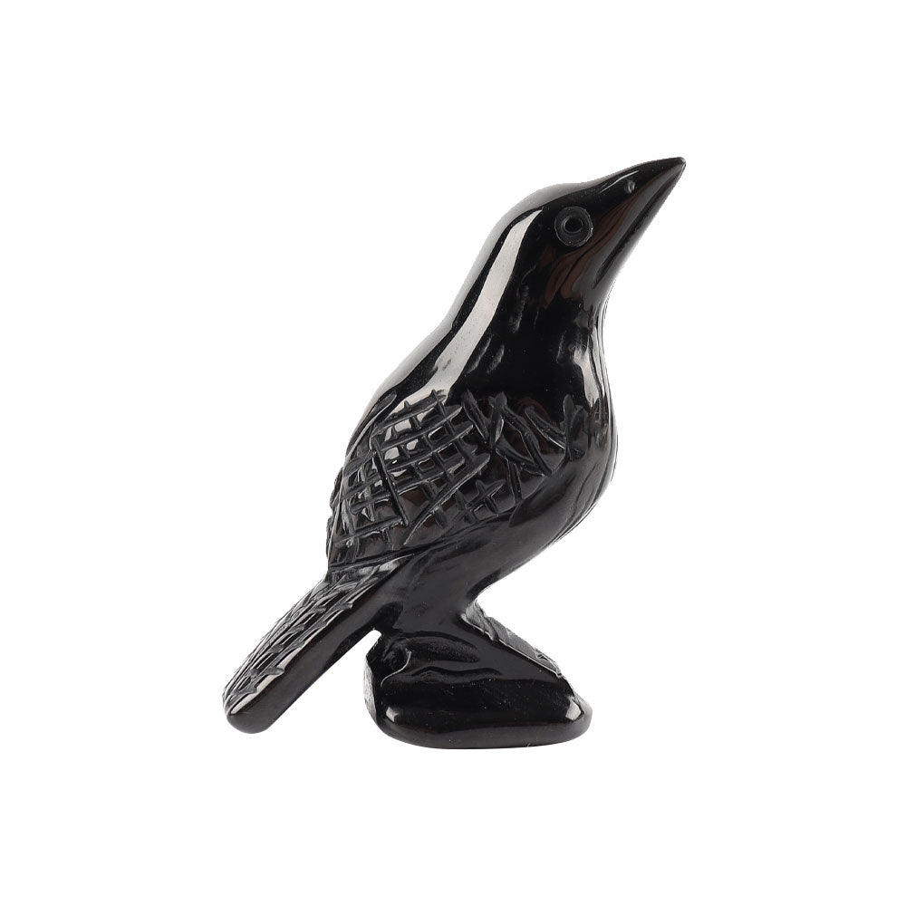 Schwarze Obsidian-Kristall-Schnitzfigur mit Krähenmotiv, 7,6 cm