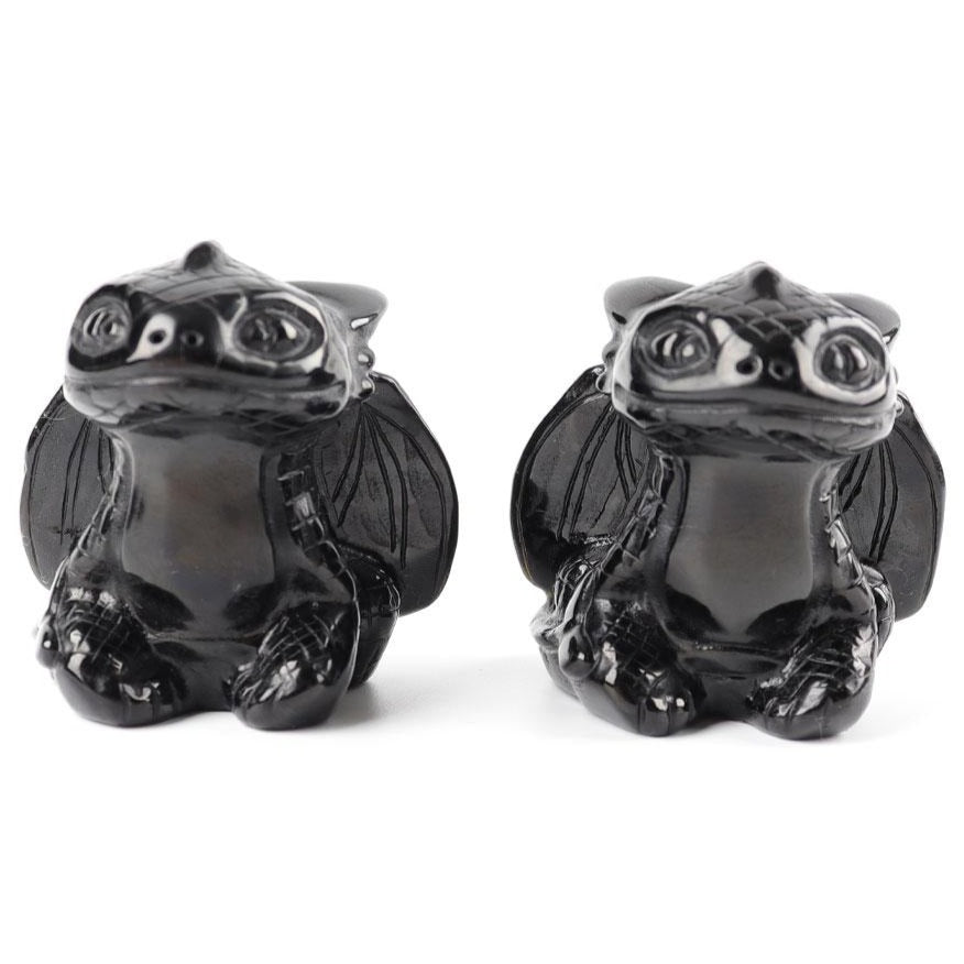 Drachenschnitzerei aus schwarzem Obsidiankristall, 6,1 cm Skulptur