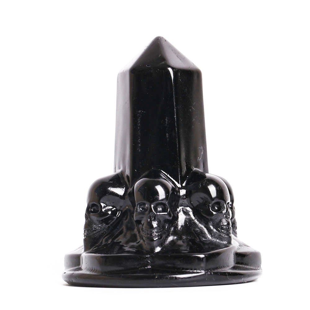 Schwarzer Obsidian-Kristallturm mit geschnitztem Totenkopf, 5,1 cm