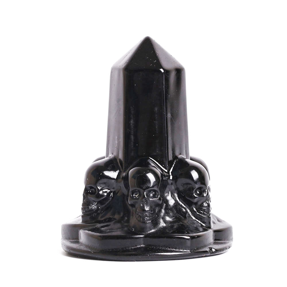 Schwarzer Obsidian-Kristallturm mit geschnitztem Totenkopf, 5,1 cm