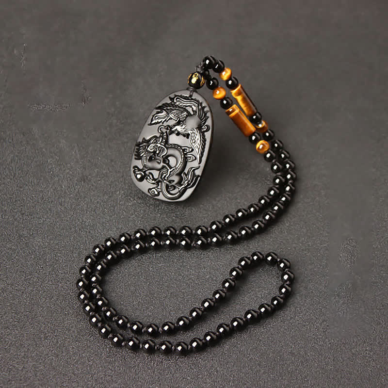 Schwarze Obsidian-Drachen-Halskette mit Tigerauge-Anhänger zum Schutz