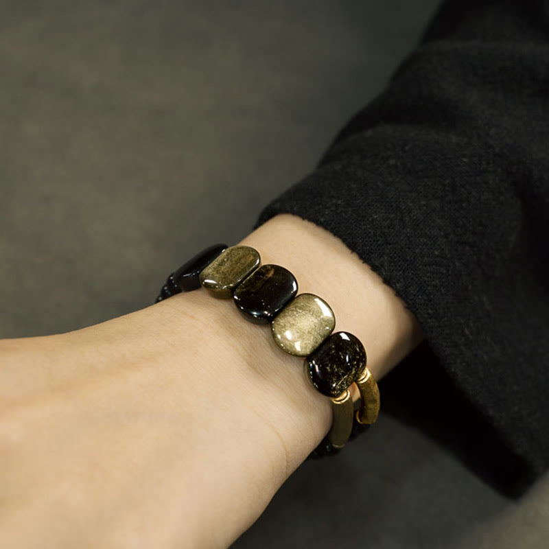 Schwarzes Obsidian-Armband mit Goldglanz-Obsidian, Stärke, 16 cm