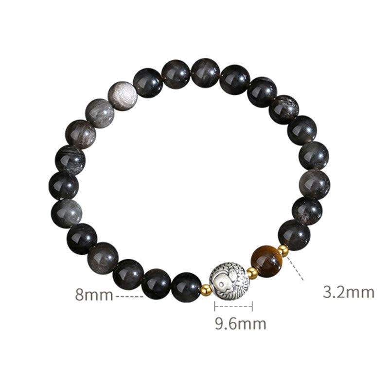 Armband aus schwarzem Obsidian und Tigerauge mit Koi-Fischen