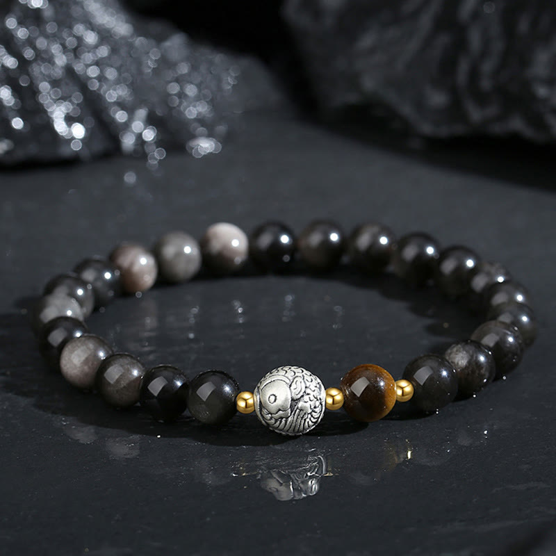 Armband aus schwarzem Obsidian und Tigerauge mit Koi-Fischen