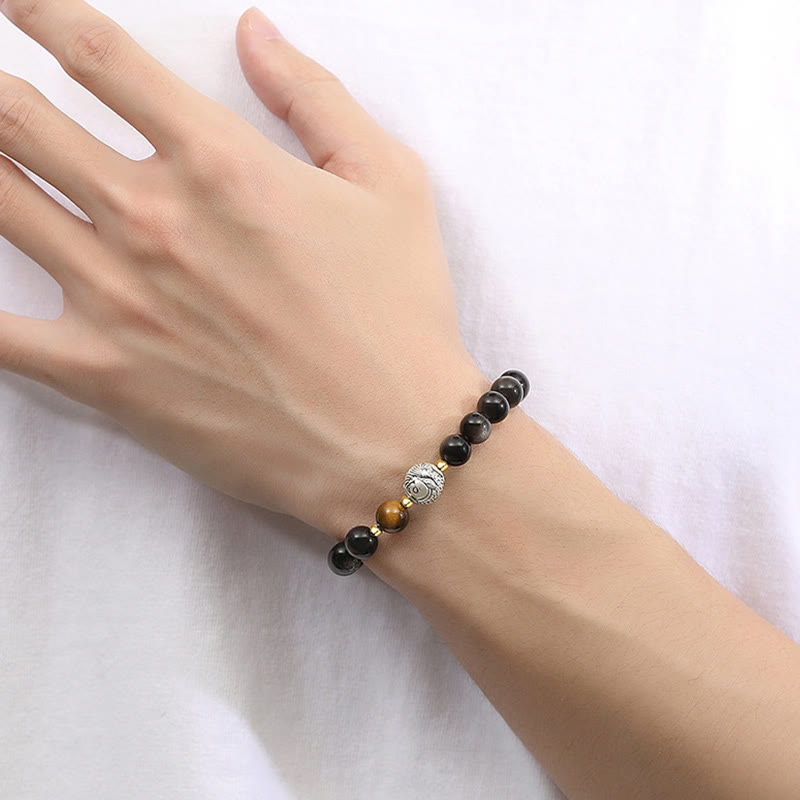Armband aus schwarzem Obsidian und Tigerauge mit Koi-Fischen