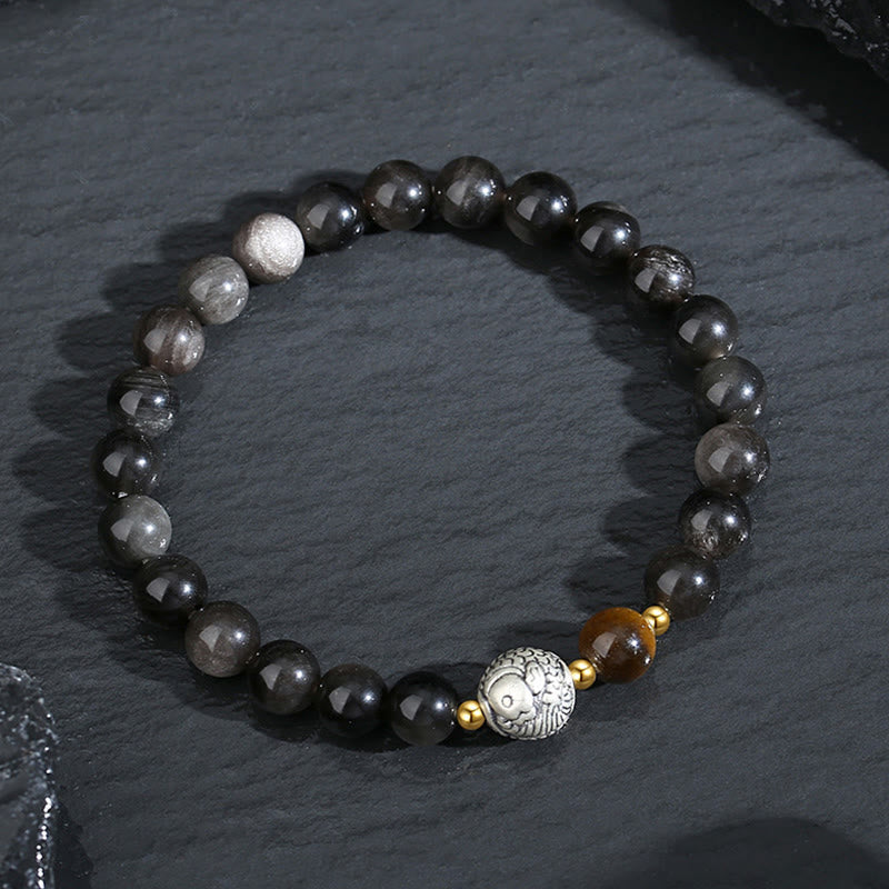 Armband aus schwarzem Obsidian und Tigerauge mit Koi-Fischen