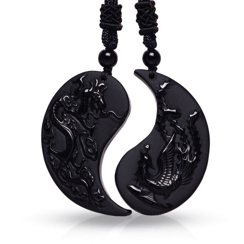 Schwarze Obsidian Yin Yang Drache Phoenix Halskette