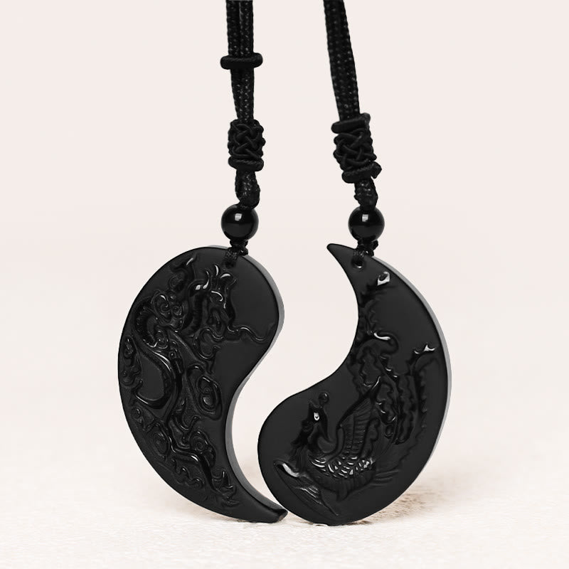 Schwarze Obsidian Yin Yang Drache Phoenix Halskette