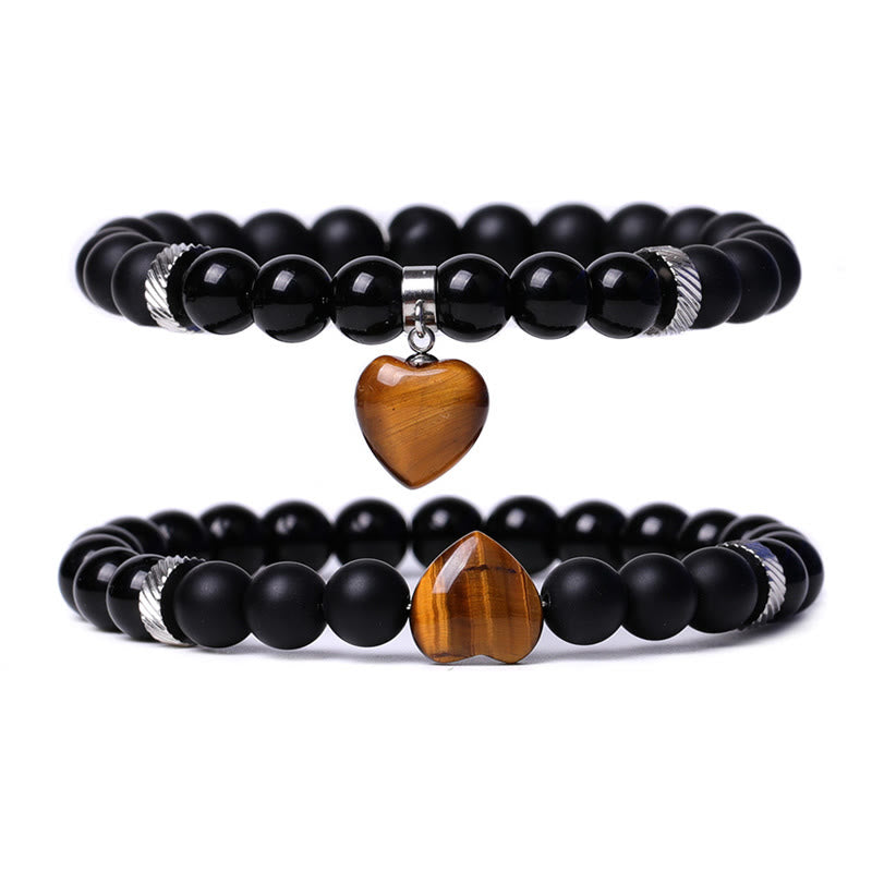 Schwarzes Onyx-Liebesherz-Schutzarmband mit 8 mm Perlen