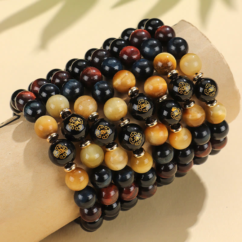 Schwarzes Onyx-Tigerauge-Armband mit chinesischem Sternzeichen