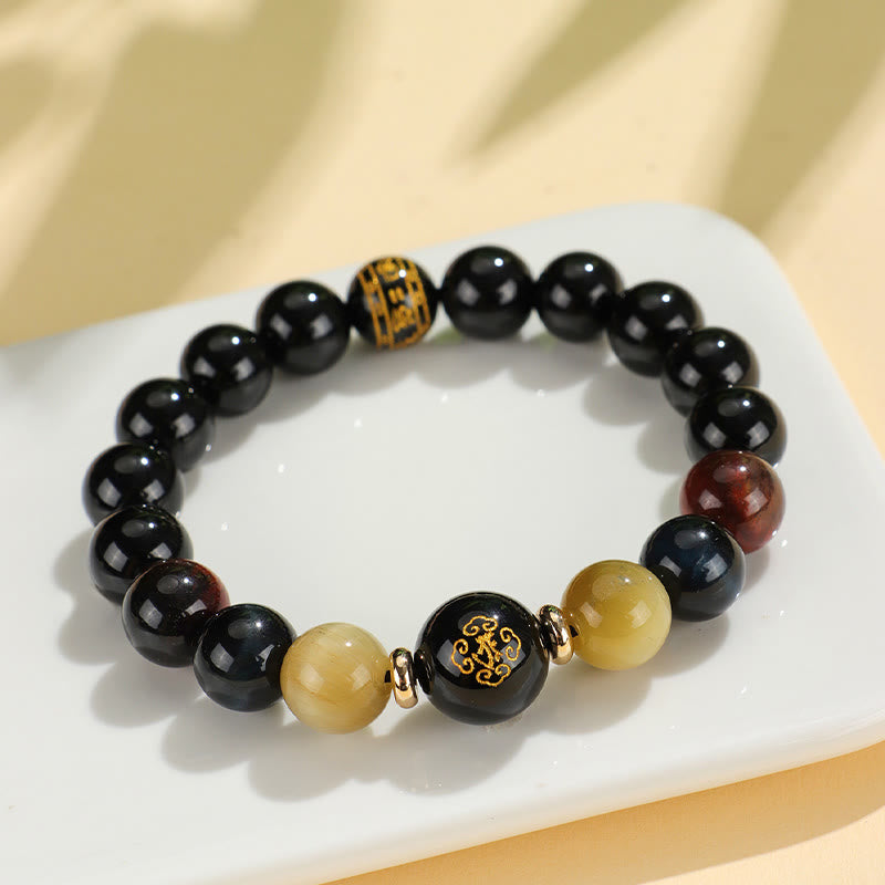 Schwarzes Onyx-Tigerauge-Armband mit chinesischem Sternzeichen