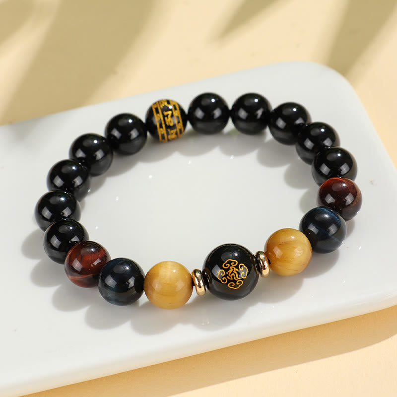 Schwarzes Onyx-Tigerauge-Armband mit chinesischem Sternzeichen