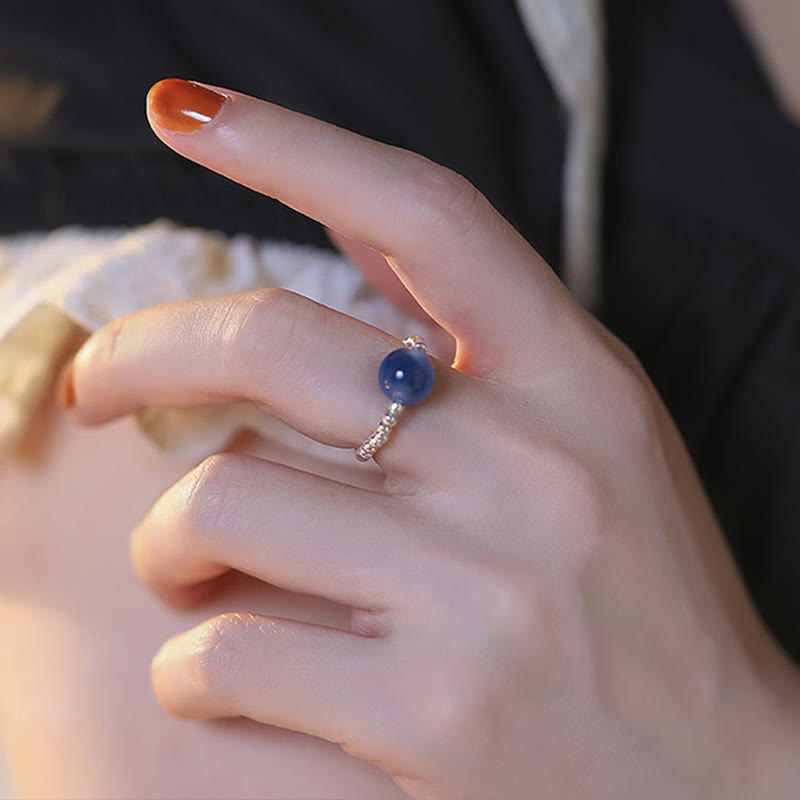 Blauer Candy-Achat 8mm Heilperlenring - Sterling Silber