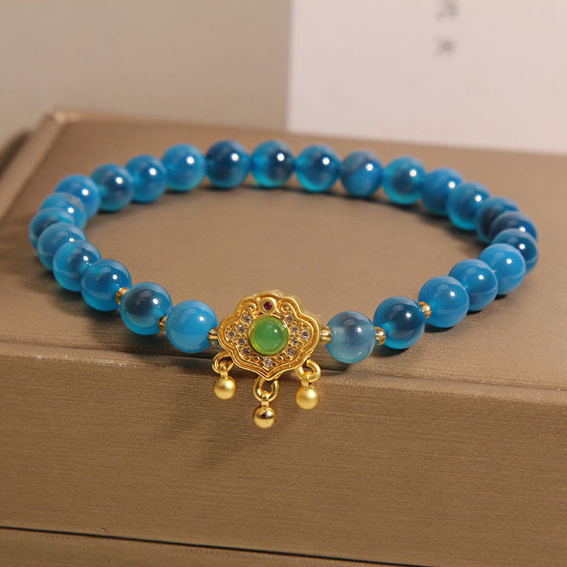 Armband aus blauem Candy-Achat mit chinesischem Schloss-Anhänger zum Schutz