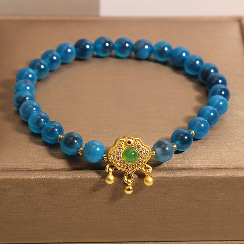 Armband aus blauem Candy-Achat mit chinesischem Schloss-Anhänger zum Schutz