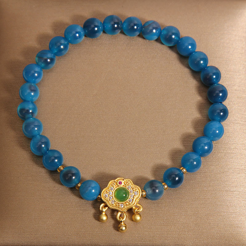 Armband aus blauem Candy-Achat mit chinesischem Schloss-Anhänger zum Schutz