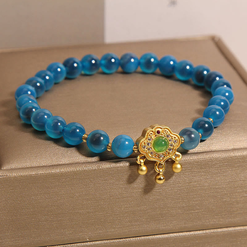 Armband aus blauem Candy-Achat mit chinesischem Schloss-Anhänger zum Schutz