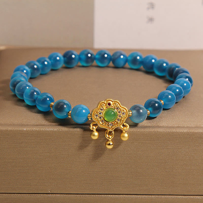 Armband aus blauem Candy-Achat mit chinesischem Schloss-Anhänger zum Schutz