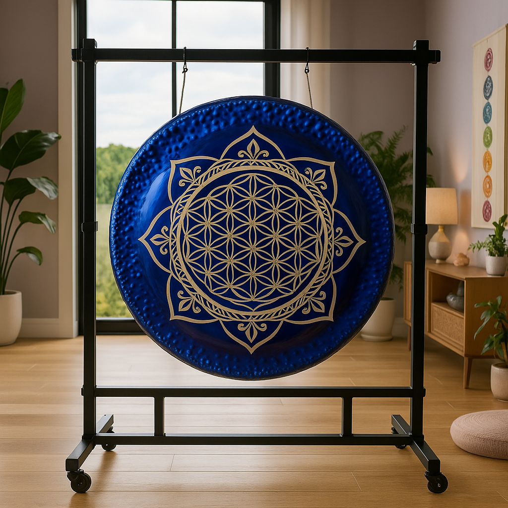 Blaues Gong-Instrument „Blume des Lebens“ zur Klangentspannung