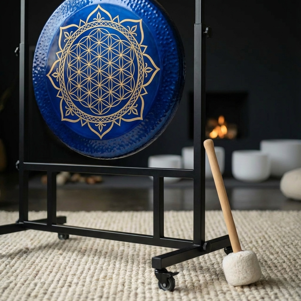 Blaues Gong-Instrument „Blume des Lebens“ zur Klangentspannung