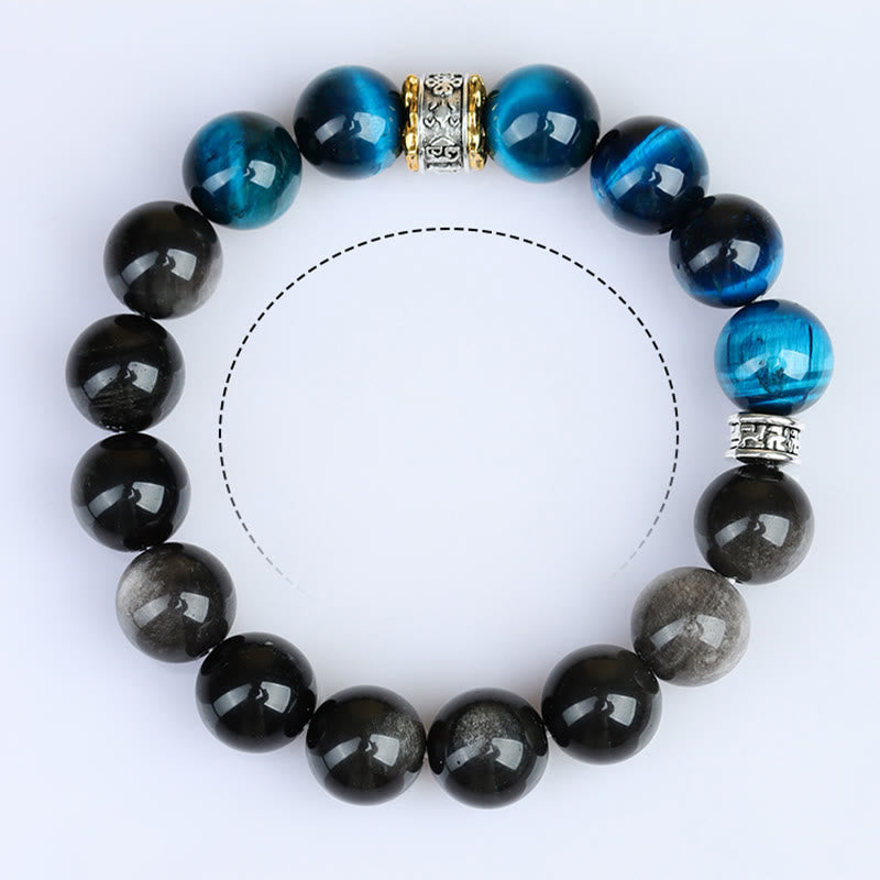 Armband aus blauem Tigerauge und silberglänzendem Obsidian, 12 mm