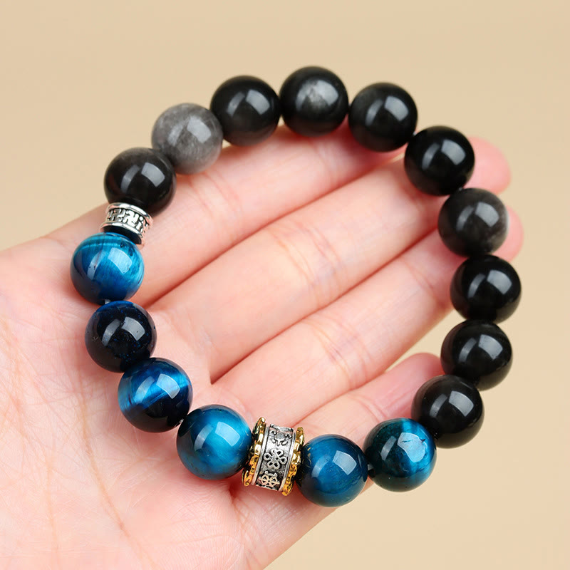 Armband aus blauem Tigerauge und silberglänzendem Obsidian, 12 mm