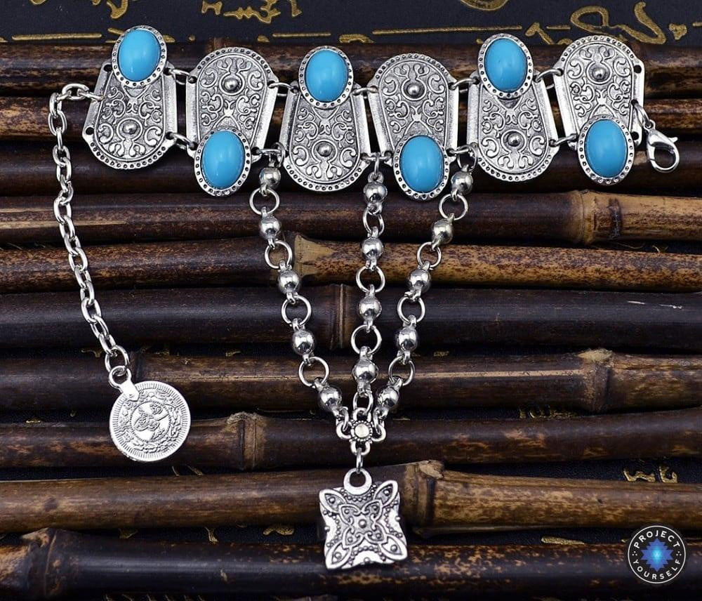 Boho Türkis Blumenring Armband Handkette