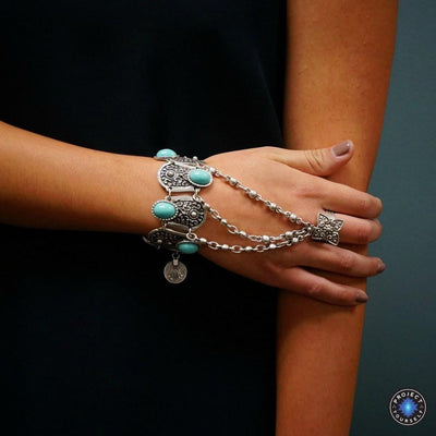 Boho Türkis Blumenring Armband Handkette