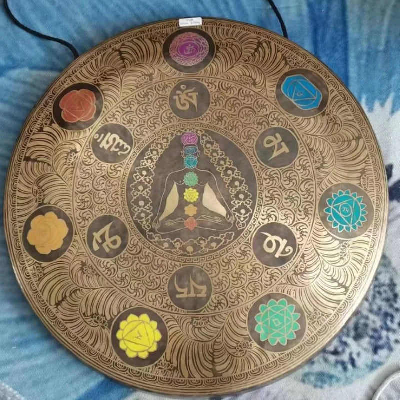 Circular Bronze Therapy Gong with Chakra Symbols and Meditating Figure Design